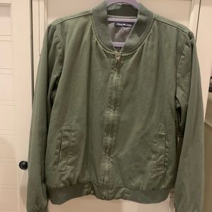 Army green bomber jacket.
